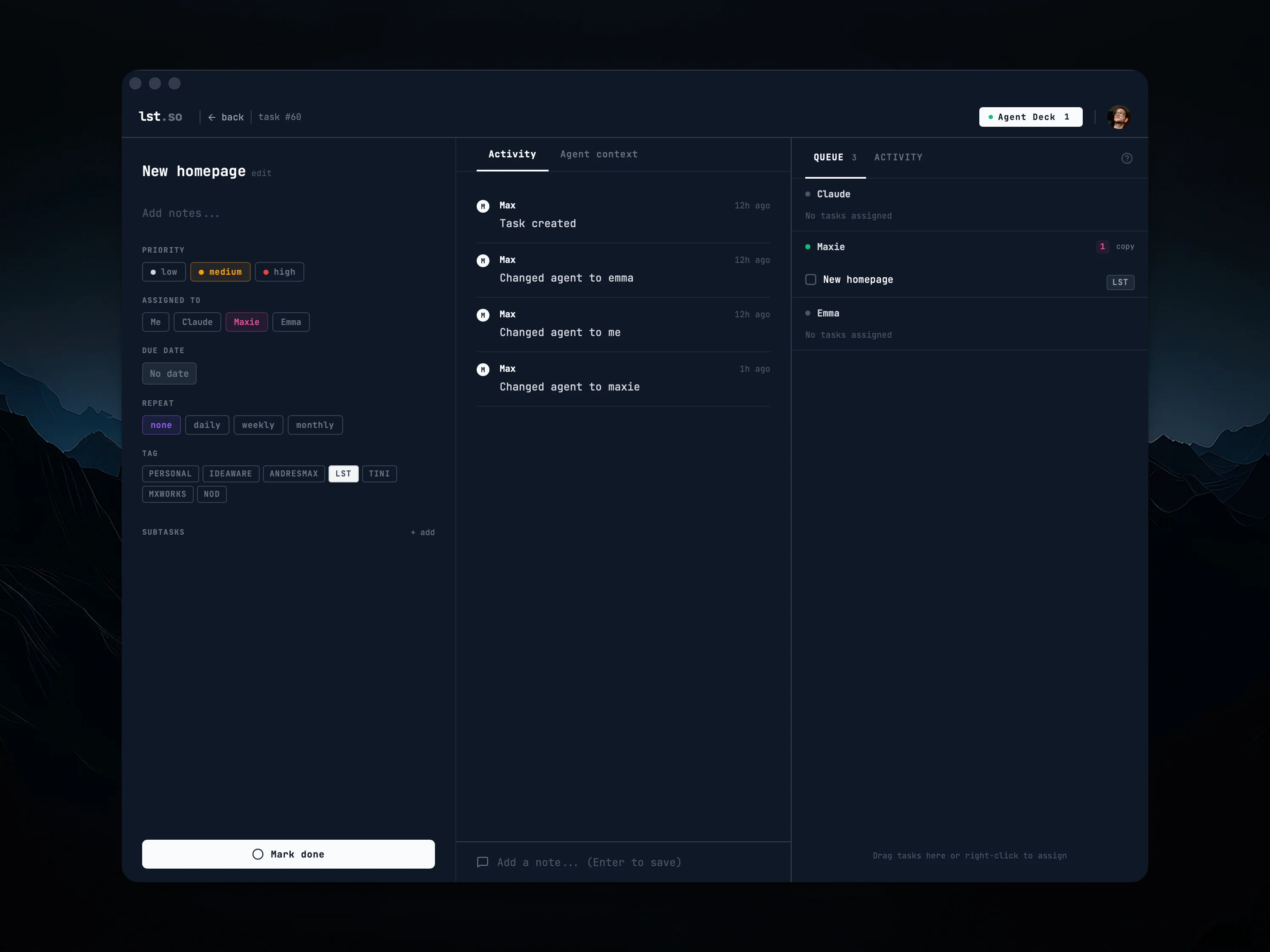 lst.so task tracker in dark mode showing tasks assigned to AI agents with real-time activity feed